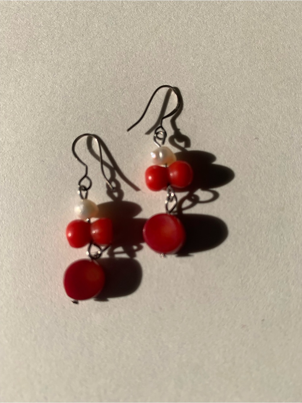 Red Beaded Dangle Earrings with Pearl Accent